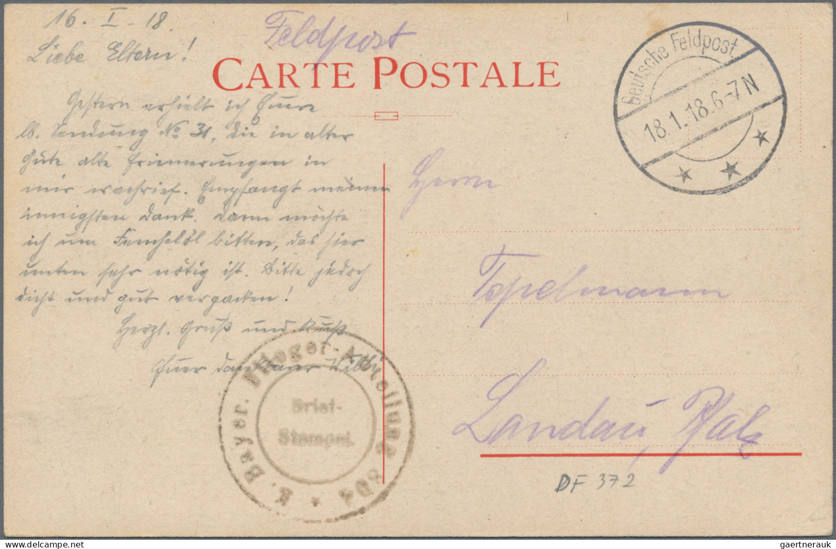 Militärmission: 1918 (18.1.), Tarnstempel "Deutsche Feldpost ***" (DFP 372 Damas - Turkse Rijk (kantoren)