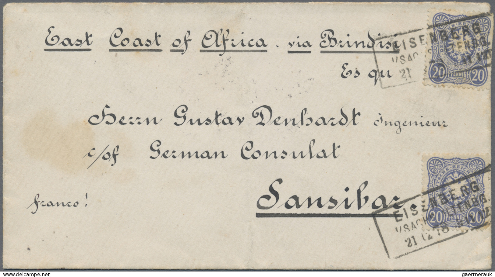 Deutsch-Ostafrika - Vorläufer: Zanzibar: 1878, Eingangspost: Brief Aus Eisenberg - German East Africa