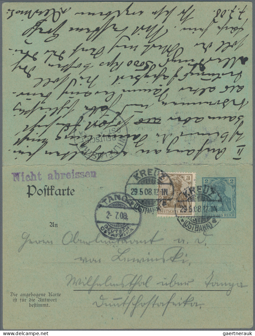 Deutsch-Ostafrika: 1908 Ganzsachendoppelkarte 2+2 Pf. Germania Von Gembitz (heut - África Oriental Alemana