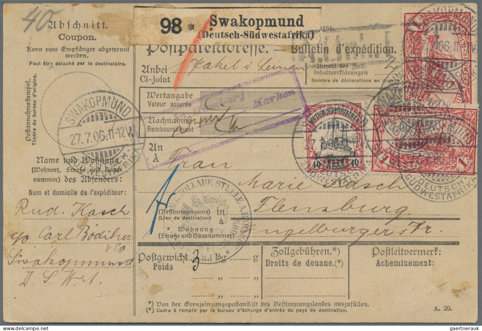 Deutsch-Südwestafrika: 1906, Schiffszeichnung O.Wz. 1 Mark Rot, Zwei Werte, Sowi - Deutsch-Südwestafrika