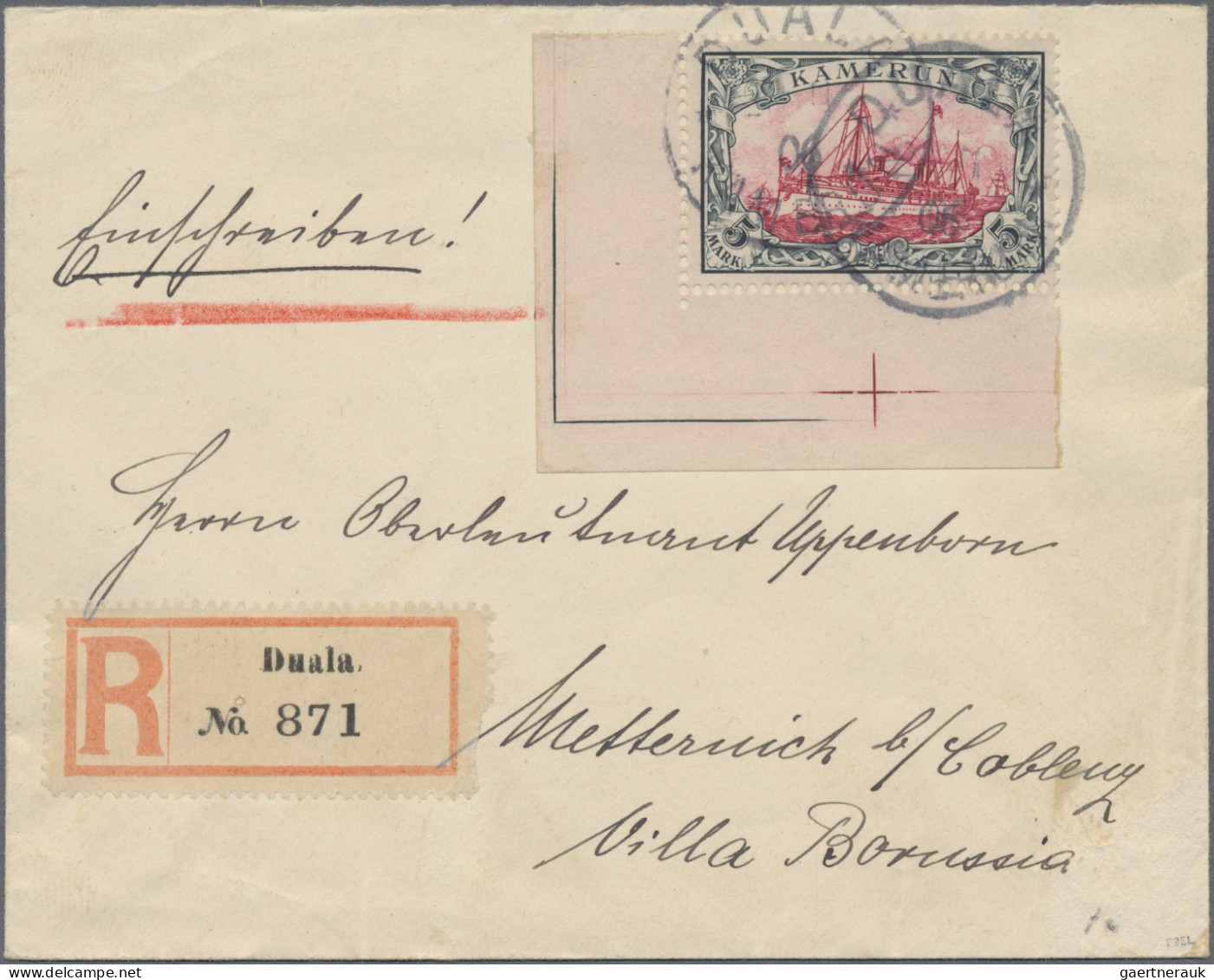 Deutsche Kolonien - Kamerun: 1906, Einschreibebrief Mit Der 5 M Kaiseryacht Aus - Kamerun