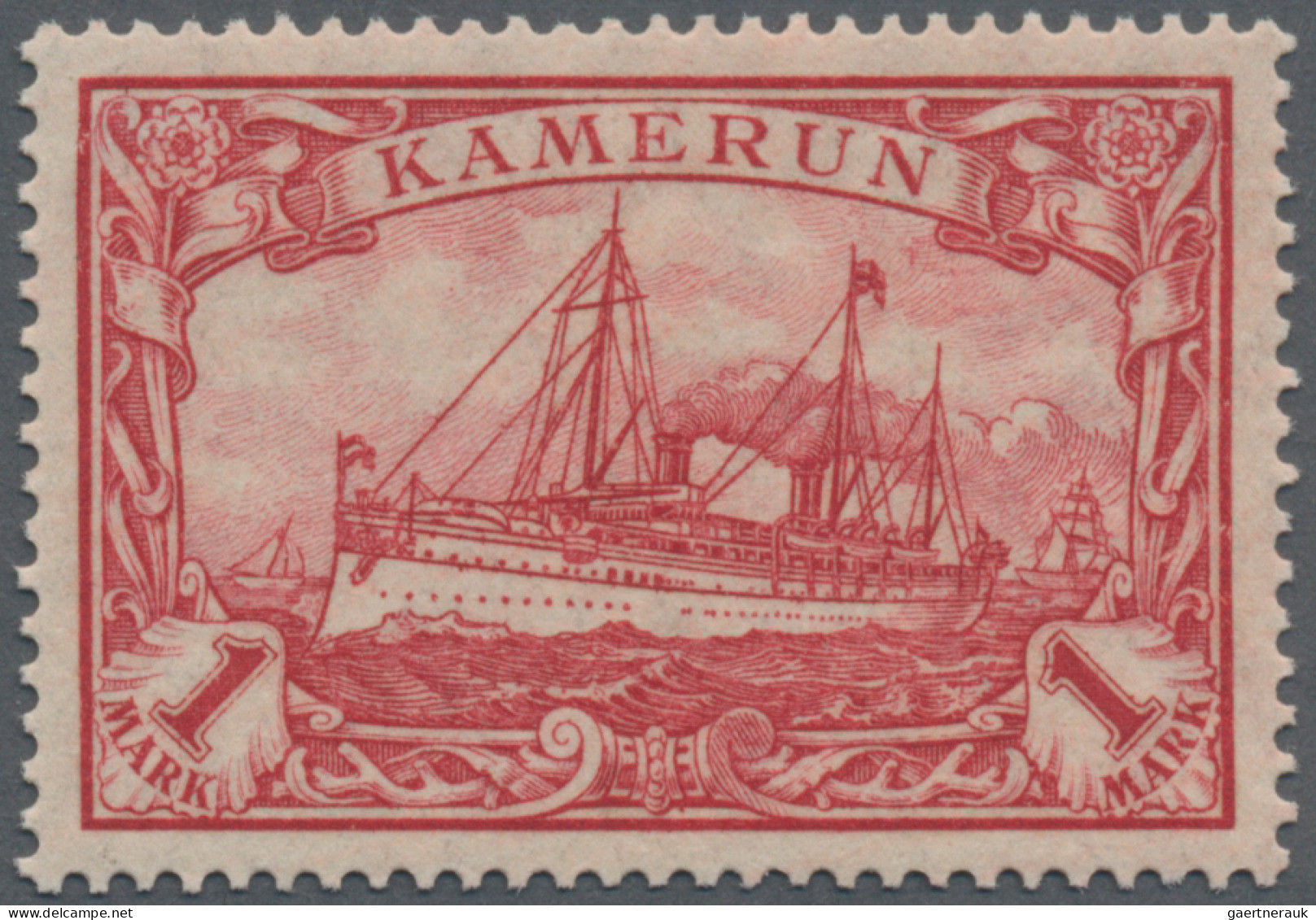 Deutsche Kolonien - Kamerun: 1919 1 M. Dunkelkarminrot (Kriegsdruck), 26:17 Zähn - Camerún