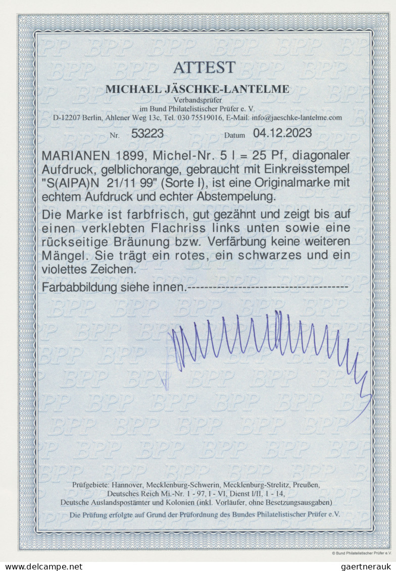 Deutsche Kolonien - Marianen: 1899, 25 Pfg. Mit Diagonalem Aufdruck, Gelblichora - Marianen