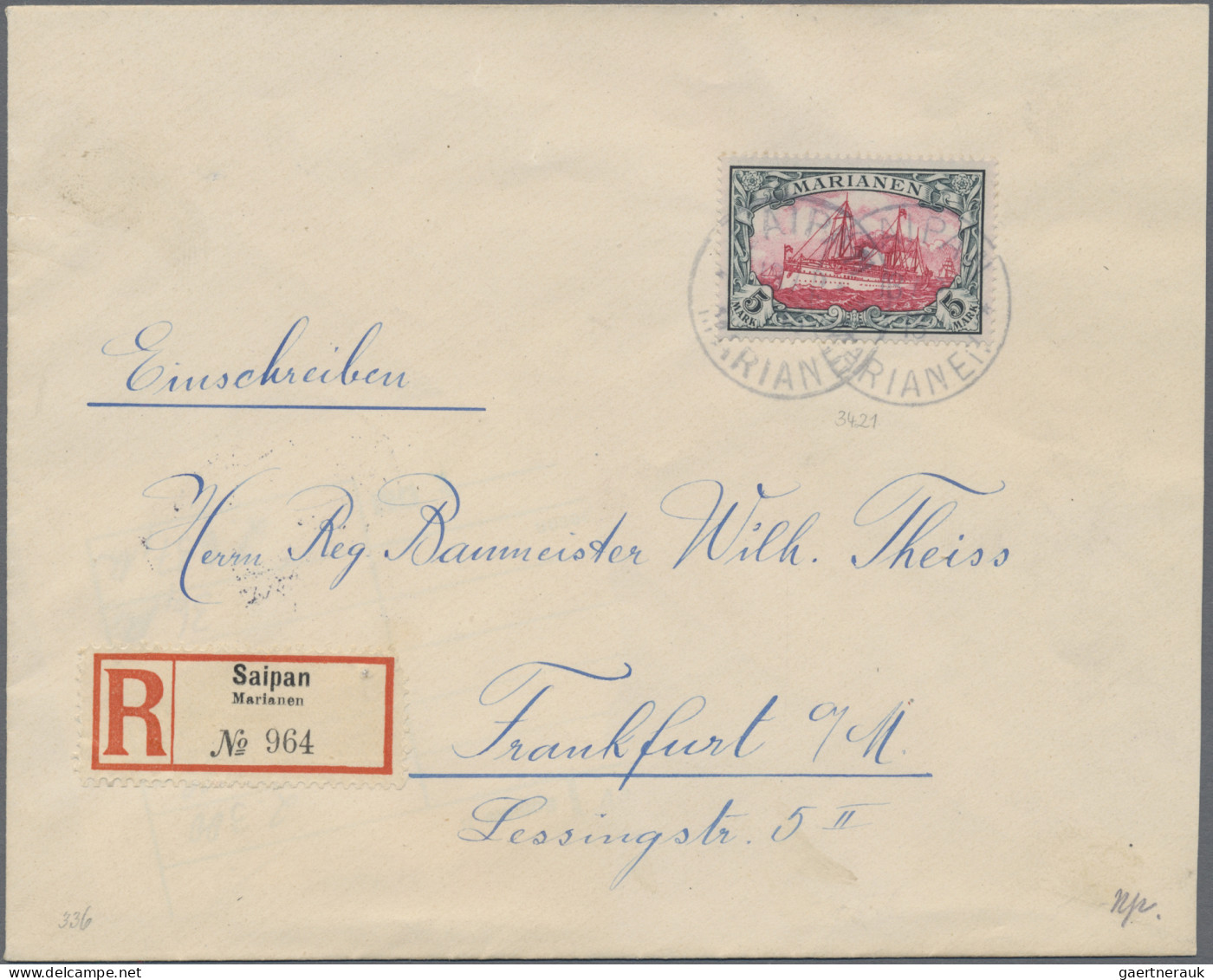 Deutsche Kolonien - Marianen: 1913, Einschreibebrief Mit Der 5 M Kaiseryacht, St - Mariana Islands