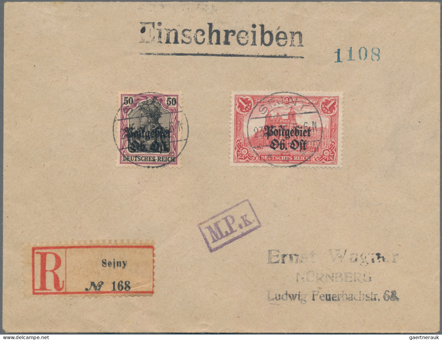 Deutsche Besetzung I. WK: Postgebiet Ober. Ost: 1916 1 M. Mit 26:17 Zähnungslöch - Besetzungen 1914-18