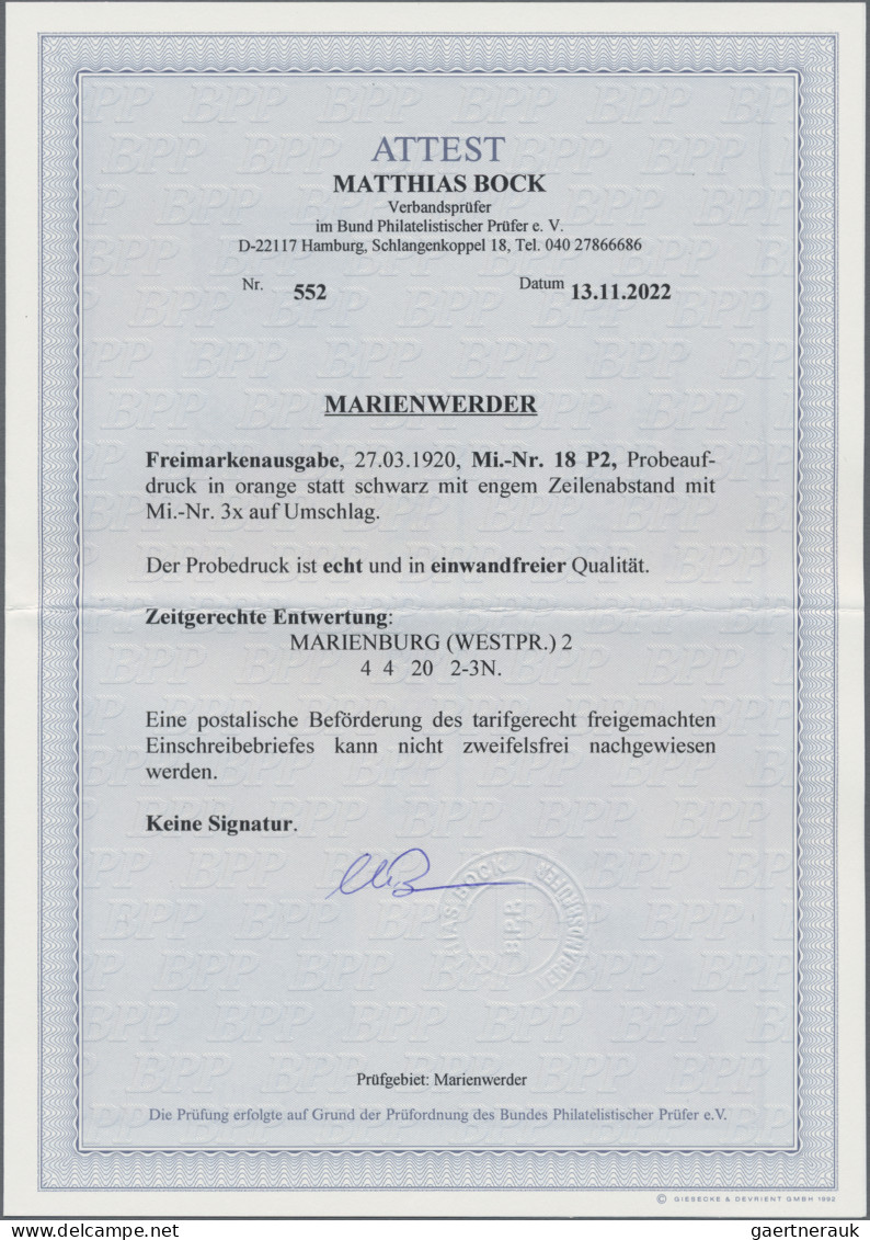 Deutsche Abstimmungsgebiete: Marienwerder: 1920, 75 Pg Mit Orangerotem Probeaufd - Autres & Non Classés