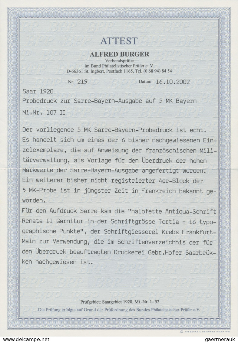 Deutsche Abstimmungsgebiete: Saargebiet: 1920, 5 Mark Bayern-Sarre, PROBEAUFDRUC - Ungebraucht