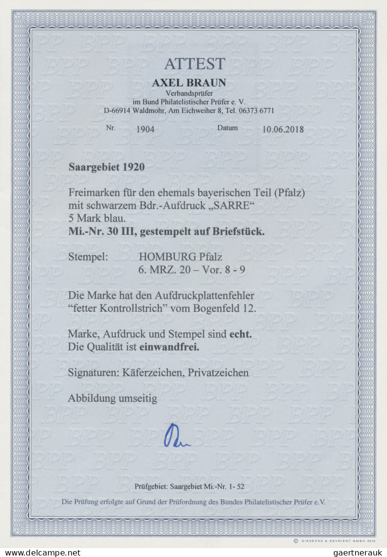 Deutsche Abstimmungsgebiete: Saargebiet: 1920, Bayern-Sarre 5 Mark Blau, Mit AUF - Sonstige & Ohne Zuordnung