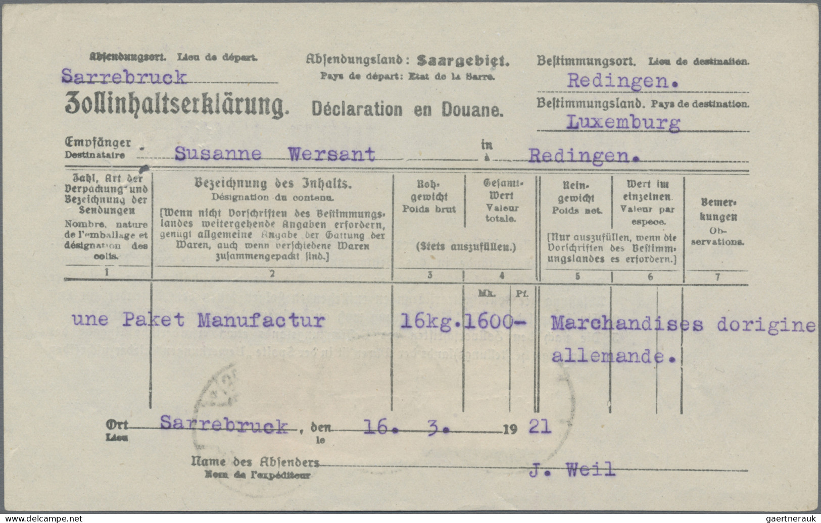 Deutsche Abstimmungsgebiete: Saargebiet: 1921, Zwei Frankierte Zollinhaltserklär - Briefe U. Dokumente