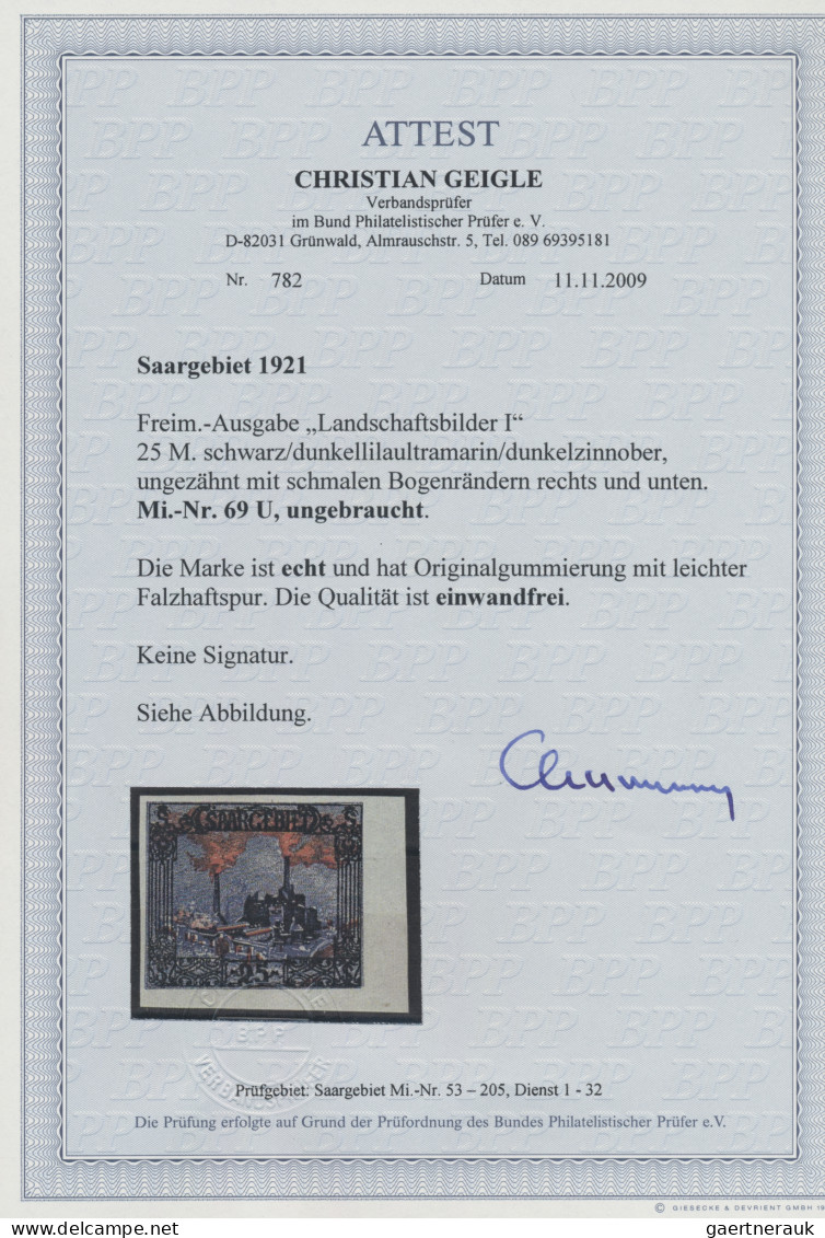 Deutsche Abstimmungsgebiete: Saargebiet: 1921, 25 M, Ungezähnt Mit Schmalen Boge - Unused Stamps