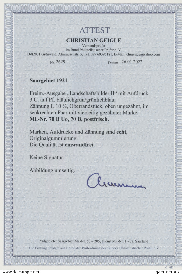 Deutsche Abstimmungsgebiete: Saargebiet: 1921, 3 C Auf 20 Pf Bläulichgrün/grünli - Ongebruikt