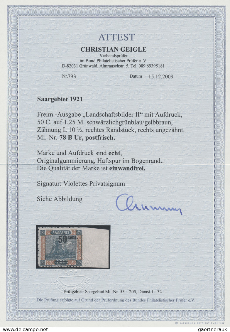 Deutsche Abstimmungsgebiete: Saargebiet: 1921, 50 C Auf 1,25 M Landschaften, Rec - Neufs