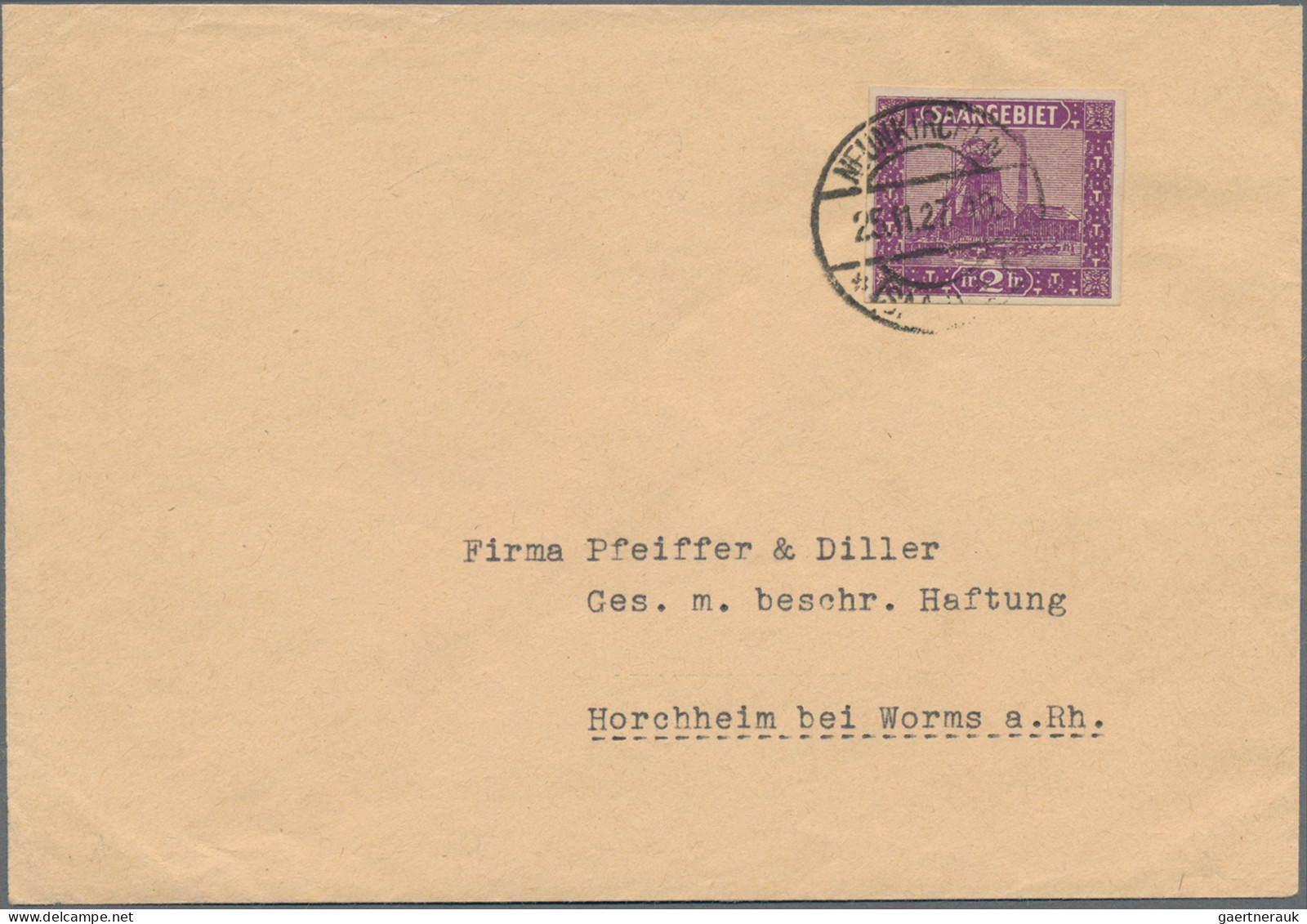 Deutsche Abstimmungsgebiete: Saargebiet: 1922, 2 Fr Dunkelgrauviolett/mattgelb L - Lettres & Documents