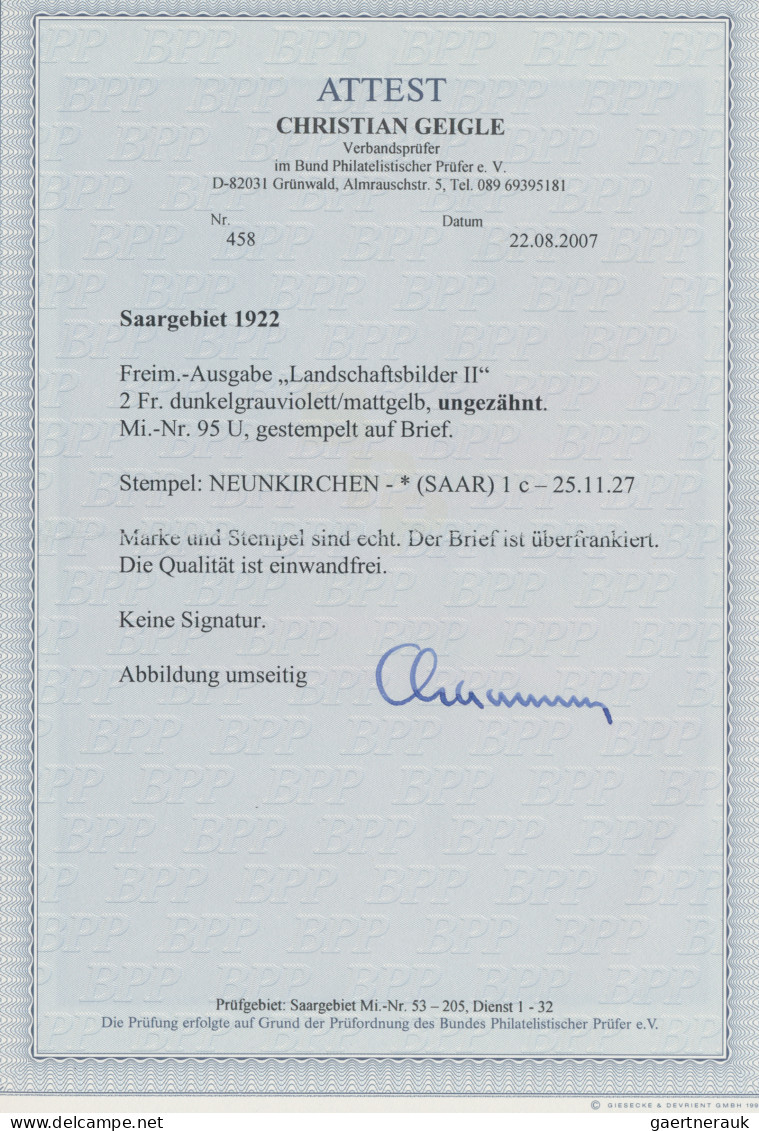Deutsche Abstimmungsgebiete: Saargebiet: 1922, 2 Fr Dunkelgrauviolett/mattgelb L - Lettres & Documents