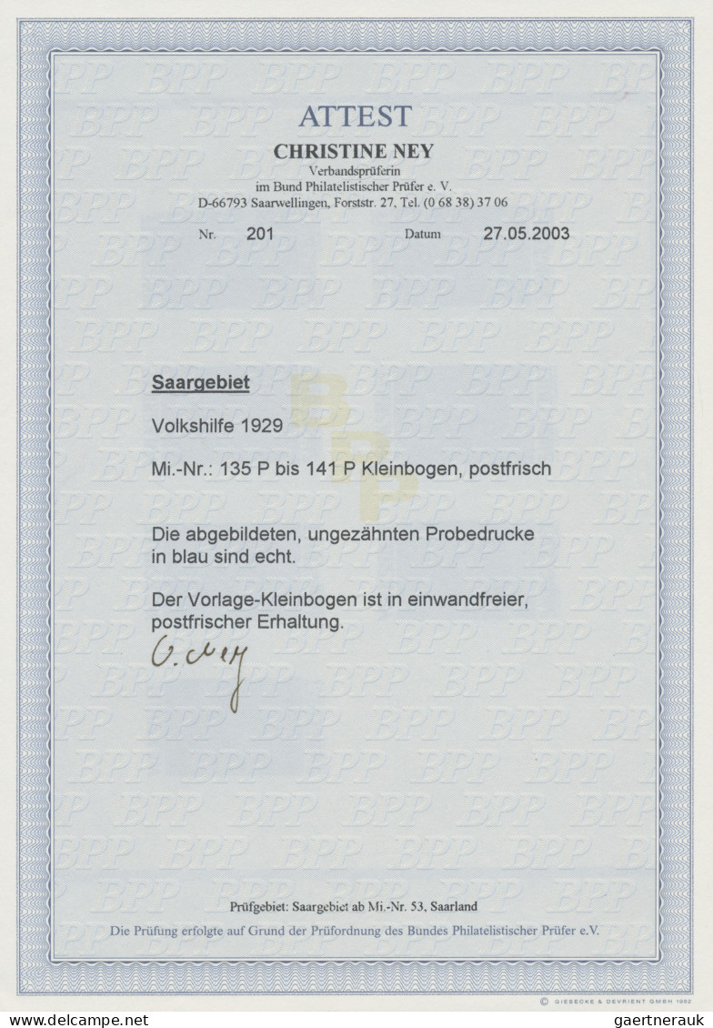 Deutsche Abstimmungsgebiete: Saargebiet: 1929, Volkshilfe, 40 C Bis 10 Fr, Probe - Ongebruikt