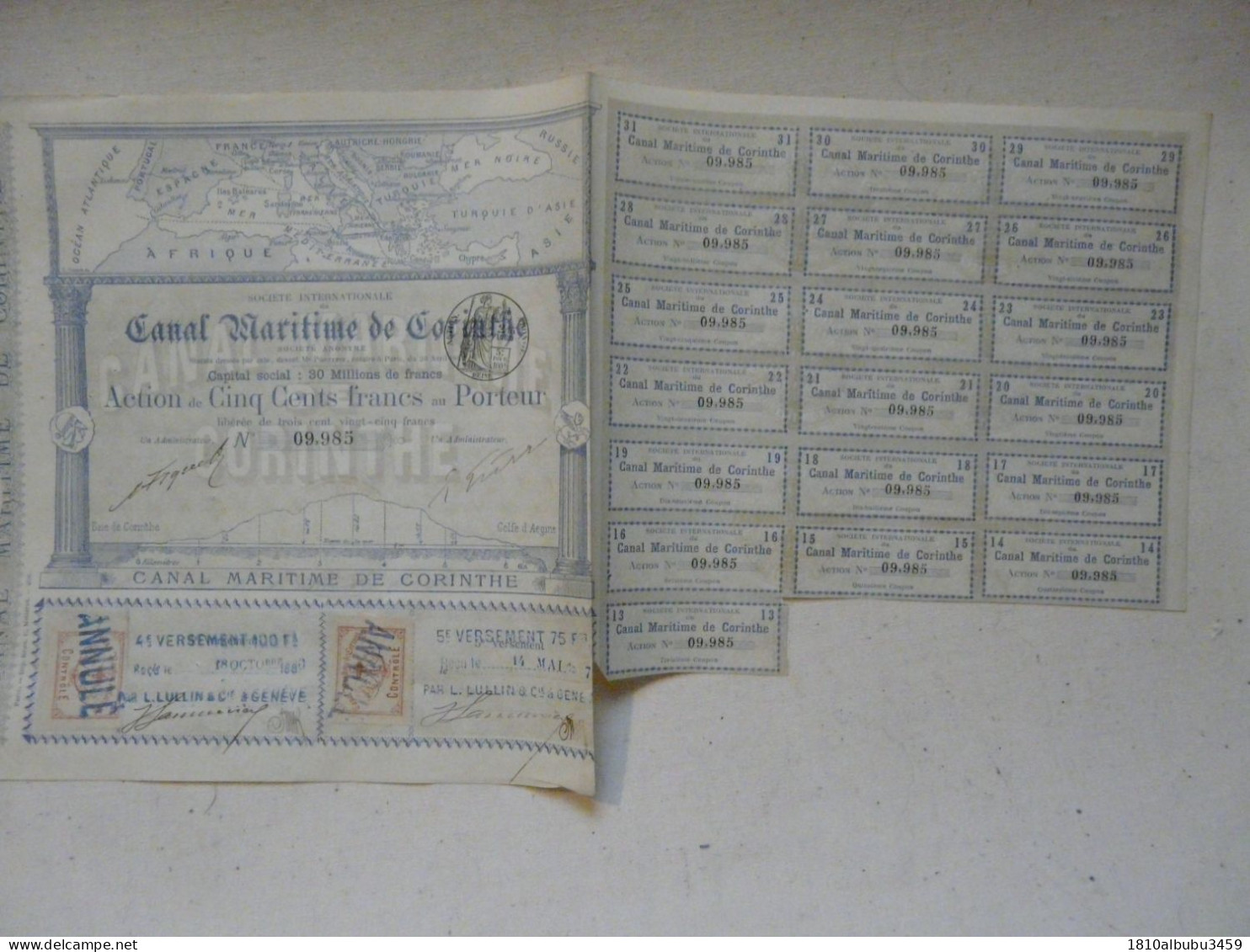 RARE - ACTION DE CINQ CENTS FRANCS - SOCIETE INTERNATIONALE DU CANAL MARITIME DE CORINTHE 1886-1887 - Navegación