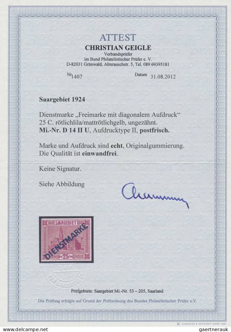 Deutsche Abstimmungsgebiete: Saargebiet - Dienstmarken: 1923, 25 C Rötlichlila, - Oficiales