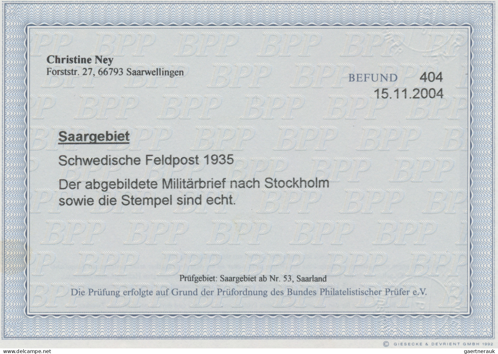 Deutsche Abstimmungsgebiete: Saargebiet - Feldpost: 1935, Schwedische Feldpost, - Brieven En Documenten