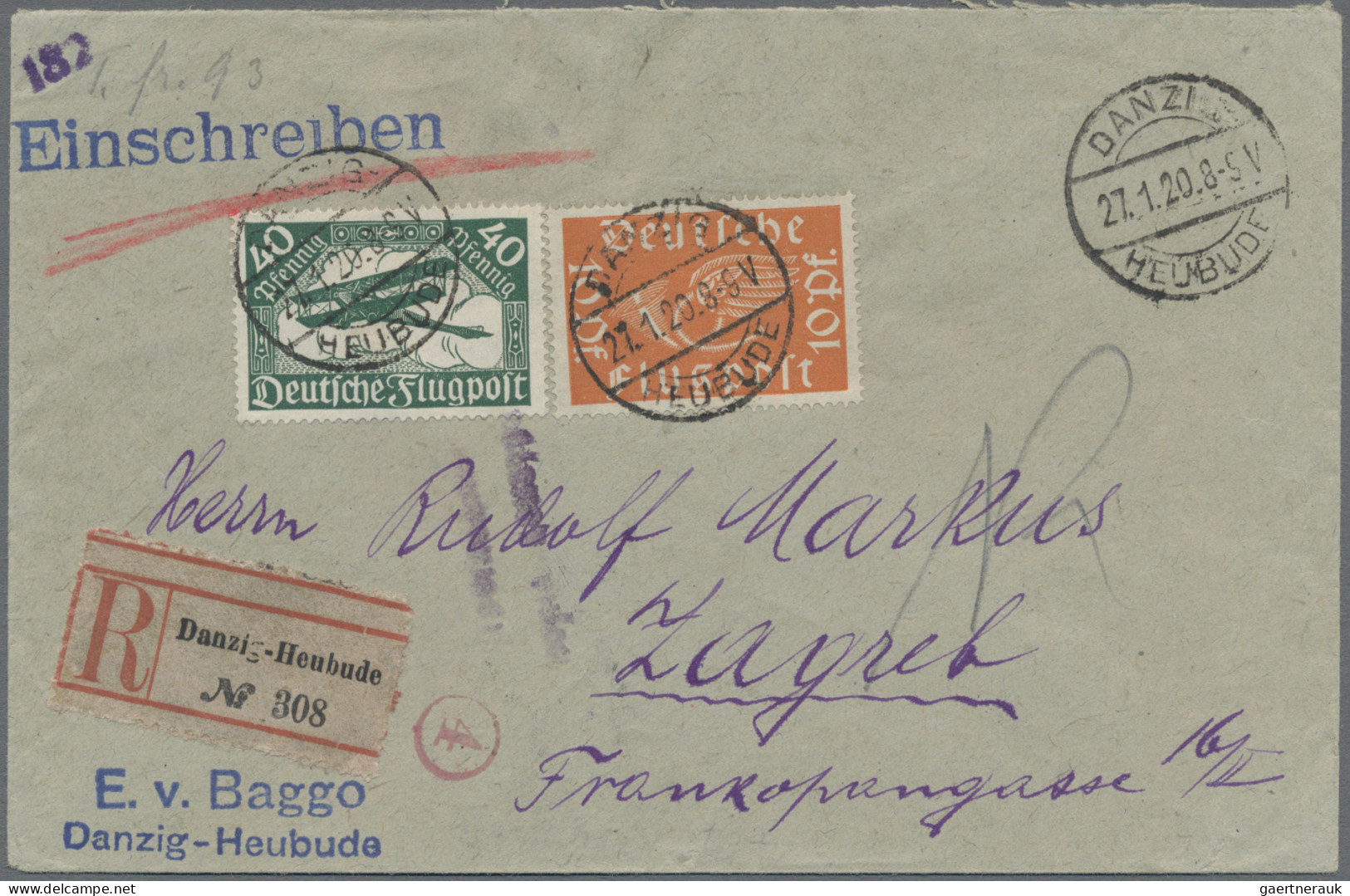 Danzig: 1920, Vorläufer Dt.Reich Flugpost 10 Pfg. Orange Und 40 Pfg. Grün Als Po - Autres & Non Classés