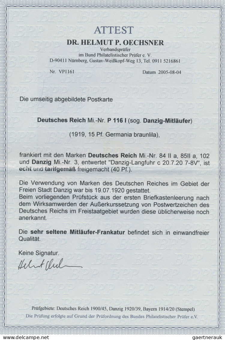 Danzig: 1920, Mitläufer Dt.Reich Ganzsachenkarte 15 Pfg. Braunlila Mit Zusatzfra - Other & Unclassified