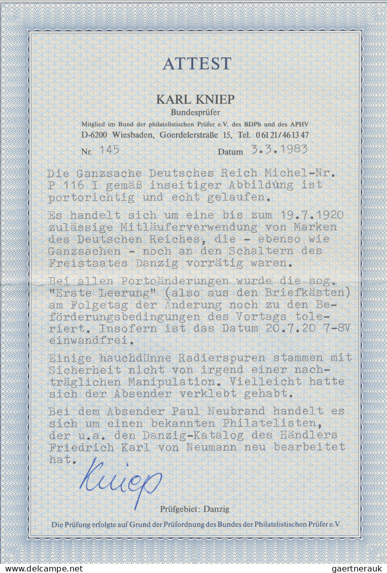 Danzig: 1920, Mitläufer Dt.Reich Ganzsachenkarte 15 Pfg. Braunlila Mit Zusatzfra - Autres & Non Classés
