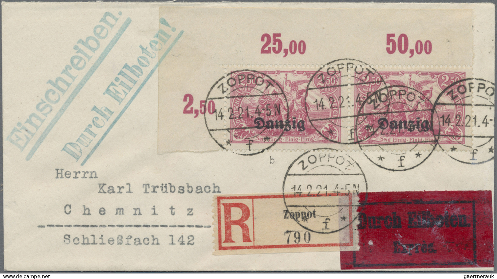 Danzig: 1920, 2.50 Mark Rosalila Und Lilarot, Zwei Farben Je Im Waagerechten Paa - Autres & Non Classés