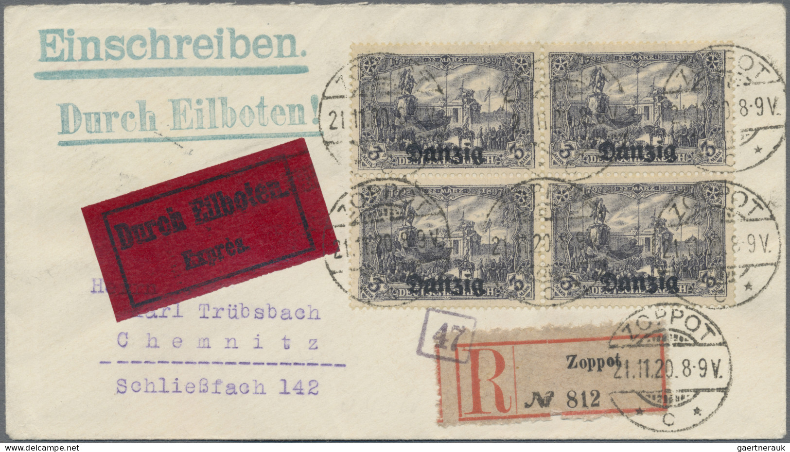 Danzig: 1920, 3 Mark Violettschwarz Im 4er-Block Auf überfrankiertem Trübsbach-E - Other & Unclassified