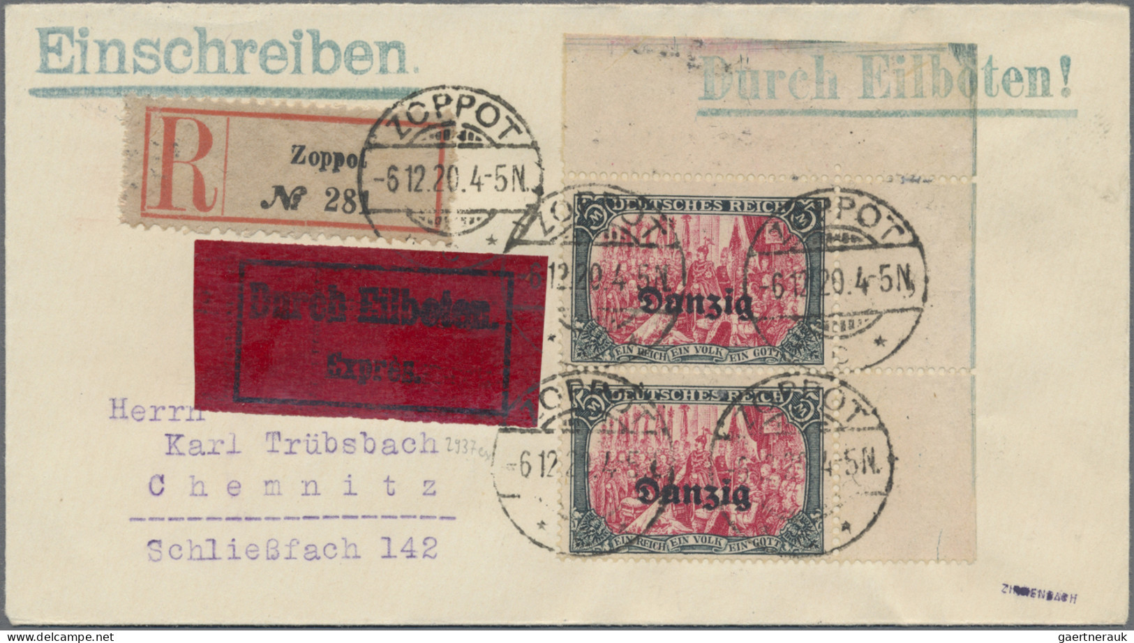 Danzig: 1920, 5 Mark Grünschwarz/karmin Im Senkrechten Eckrandpaar Rechts Oben A - Sonstige & Ohne Zuordnung