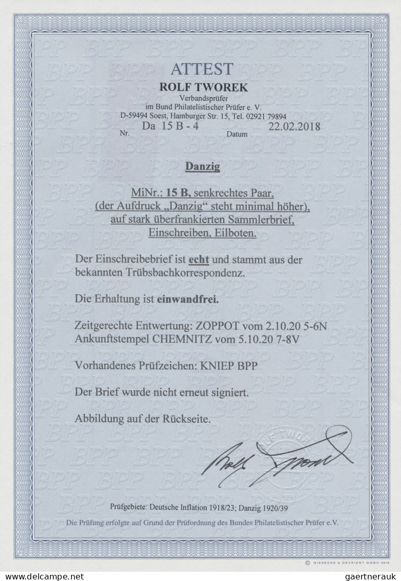 Danzig: 1920, 5 Mark Grünschwarz/karmin Im Senkrechten Paar Auf überfrankiertem - Sonstige & Ohne Zuordnung