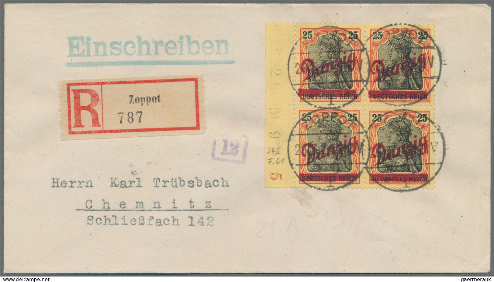Danzig: 1920, 25 Pfg. Rötlichorange/schwarz Auf Gelbweiß Im Rand-4er-Block Auf ü - Sonstige & Ohne Zuordnung
