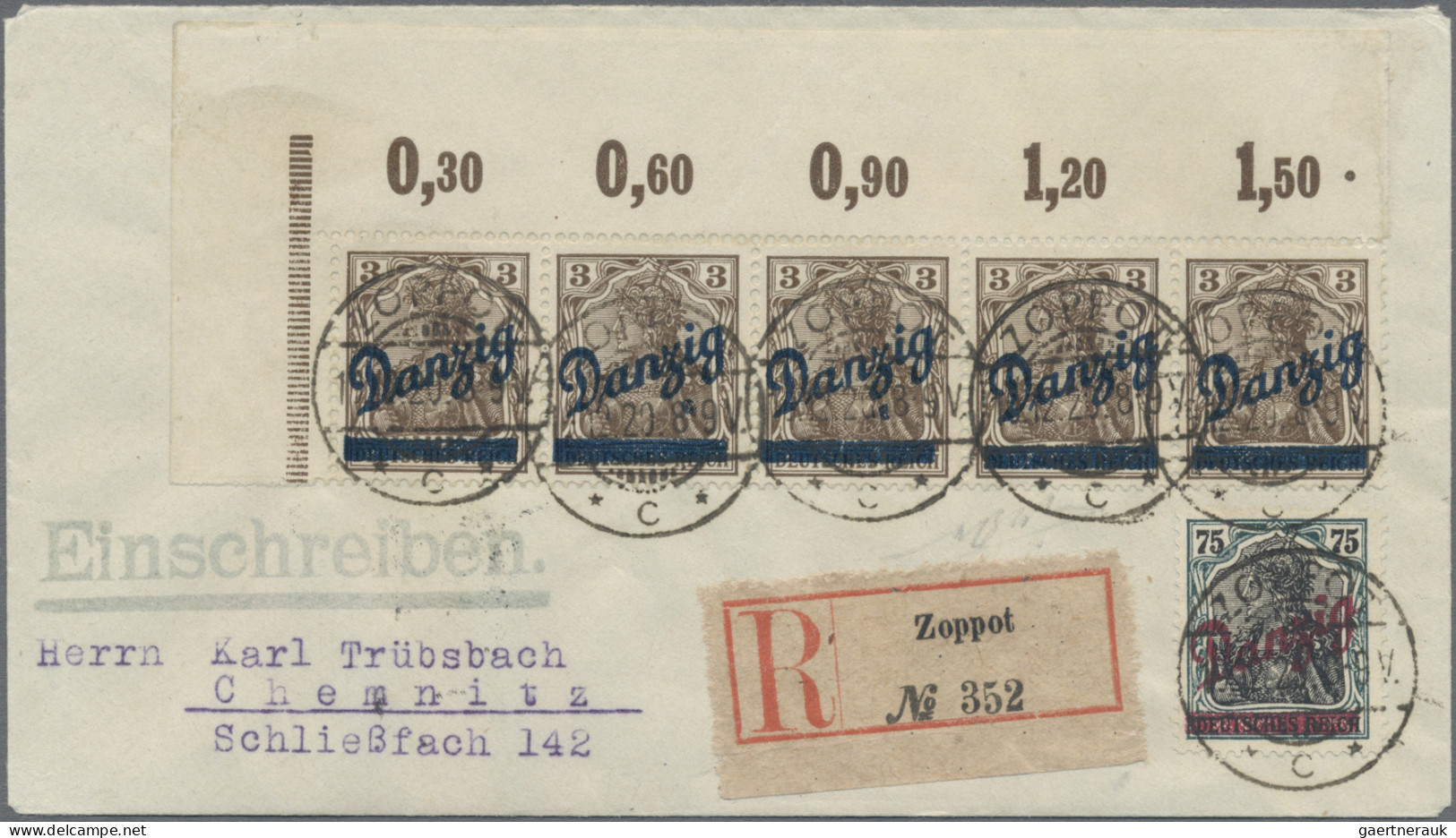 Danzig: 1920, Kleiner Innendienst 3 Pfg. Braun Im Waagerechten Obereckrand-5er-S - Sonstige & Ohne Zuordnung