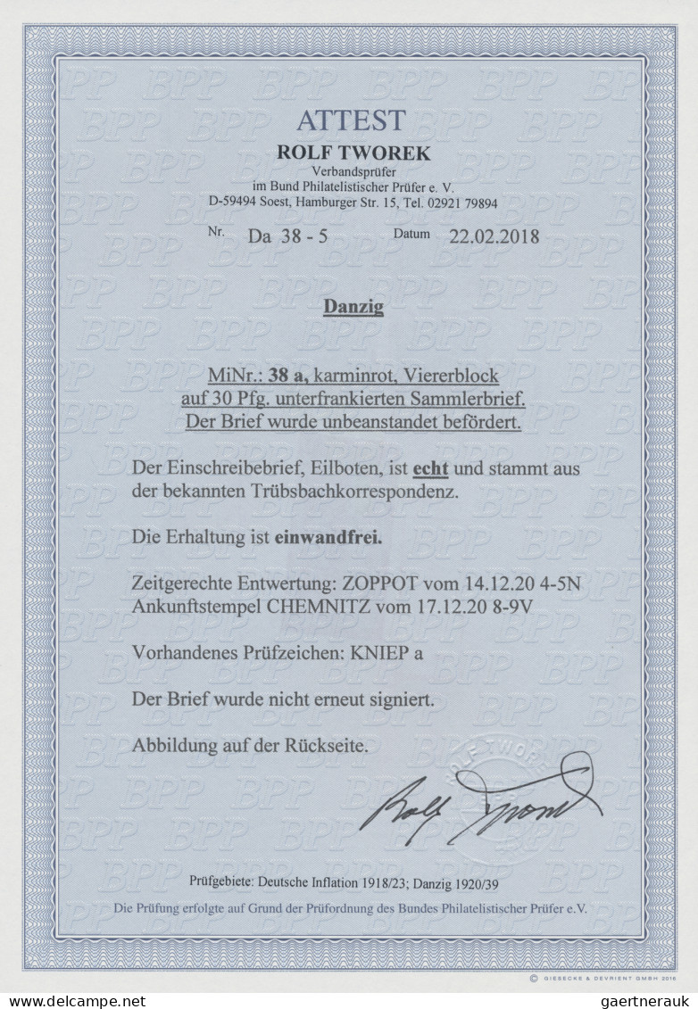 Danzig: 1920, Kleiner Innendienst 40 Pfg. Karminrot/schwarz Im 4er-Block Auf Unt - Andere & Zonder Classificatie