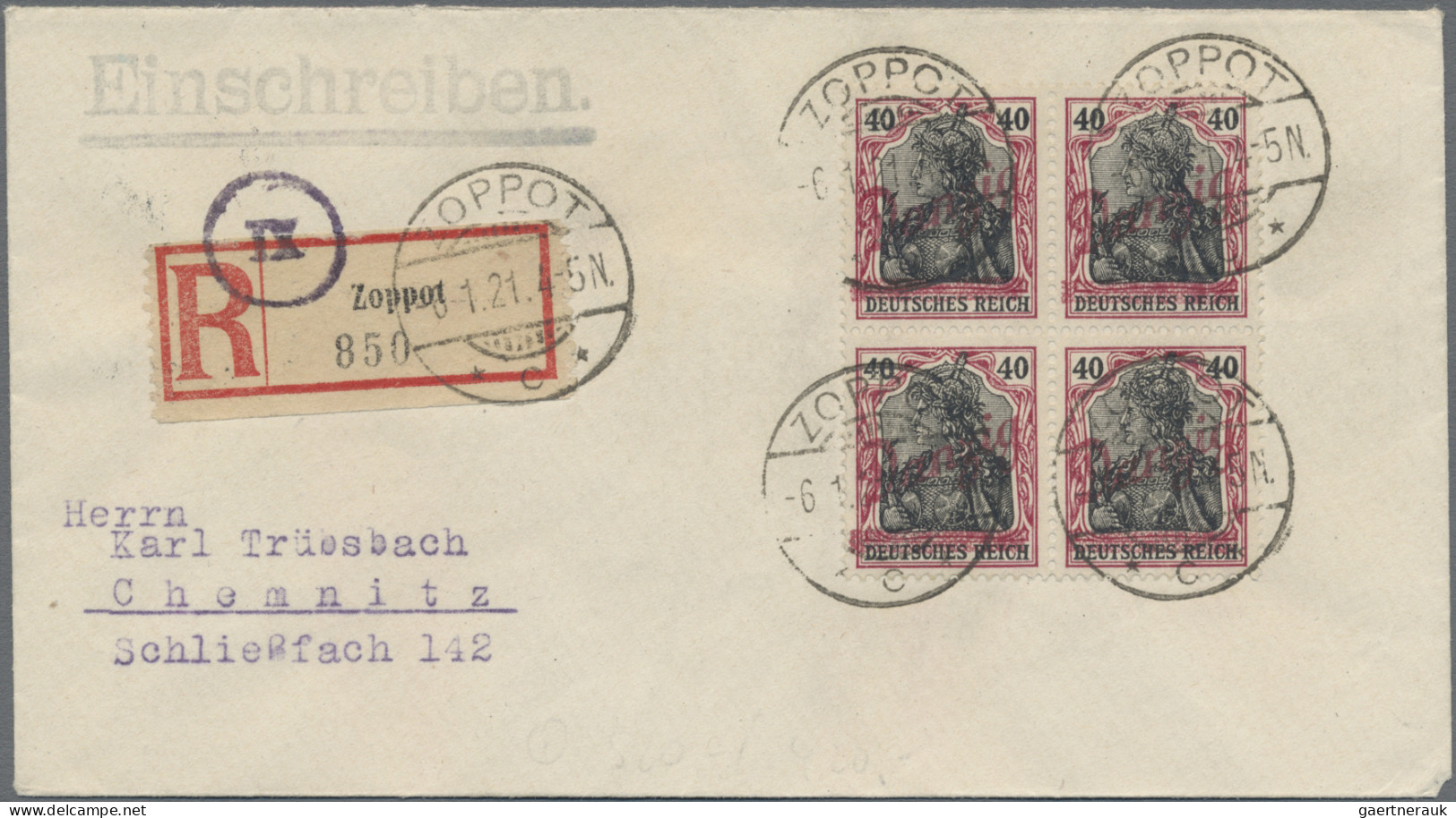 Danzig: 1920, Kleiner Innendienst 40 Pfg. Karminrot/schwarz Im 4er-Block Auf übe - Autres & Non Classés