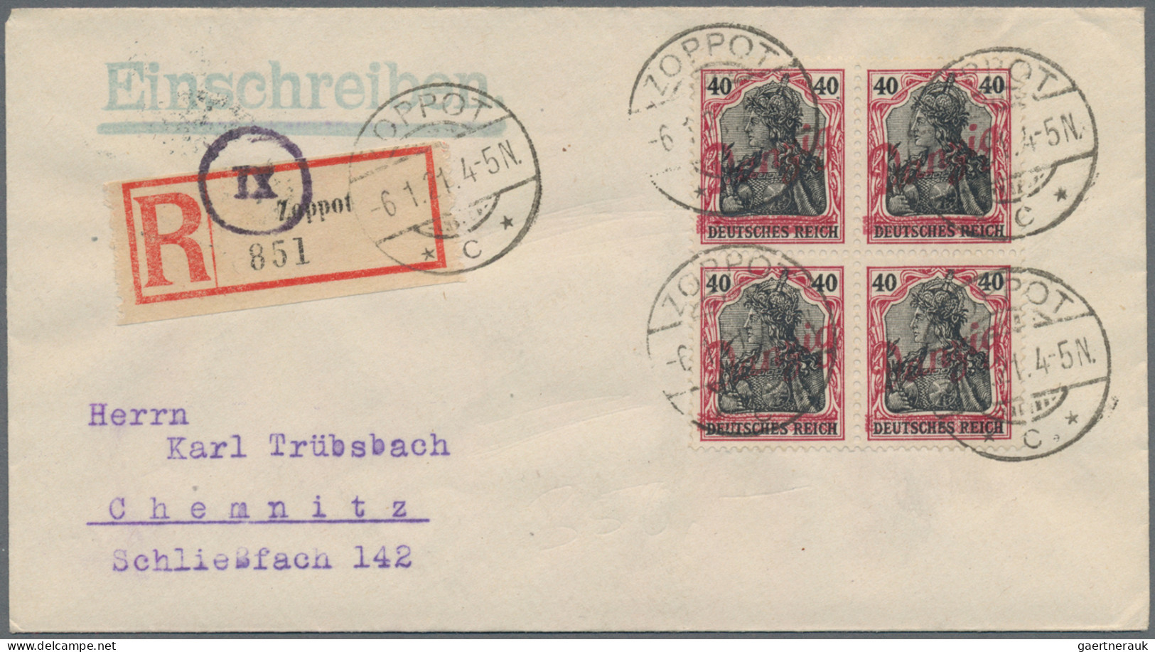 Danzig: 1920, Kleiner Innendienst 40 Pfg. Karminrot/schwarz Im 4er-Block Auf übe - Other & Unclassified
