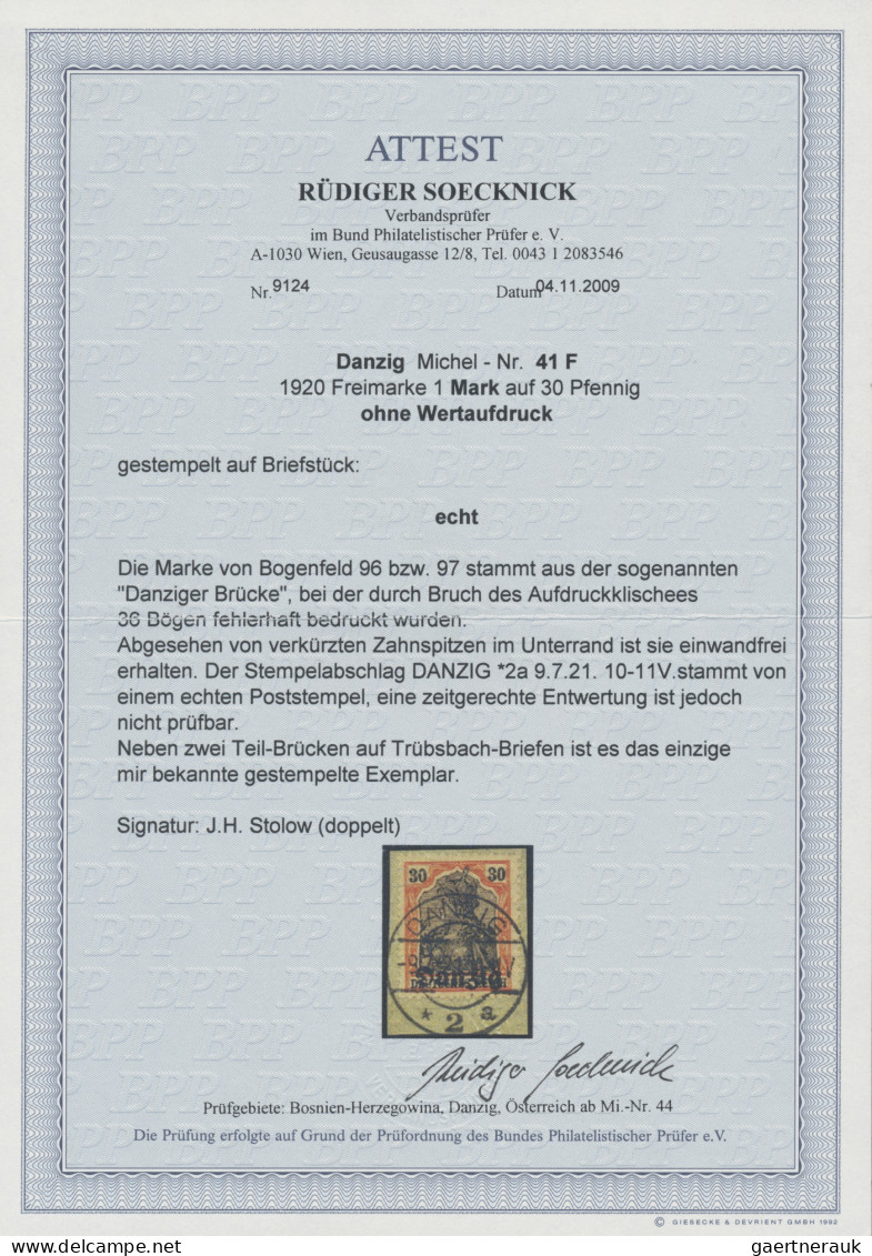 Danzig: 1920, 1 M. Auf 30 Pfg Germania Mit Netzunterdruck "Spitzen Nach Oben", O - Other & Unclassified