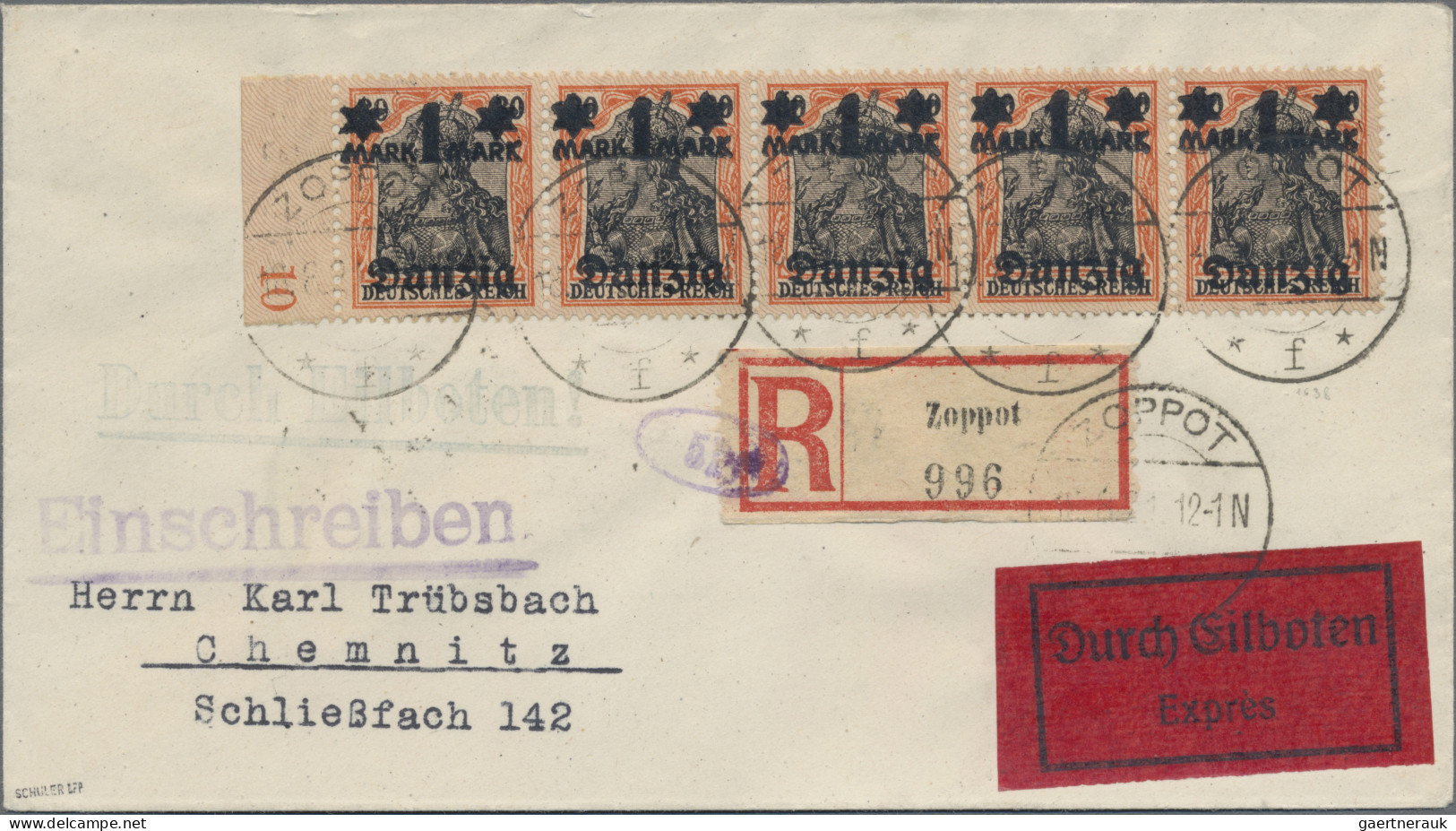 Danzig: 1920, 1 Mark Auf 30 Pfg. Rotorange/schwarz Auf Hellchromgelb Mit Lebhaft - Autres & Non Classés