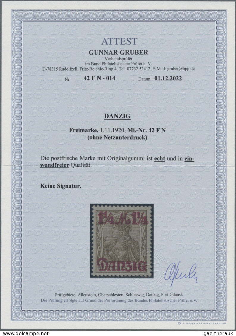 Danzig: 1920, 1¼ Mk Auf 3 Pf Germania OHNE Netzunterdruck, Tadellos Postfrisch I - Other & Unclassified