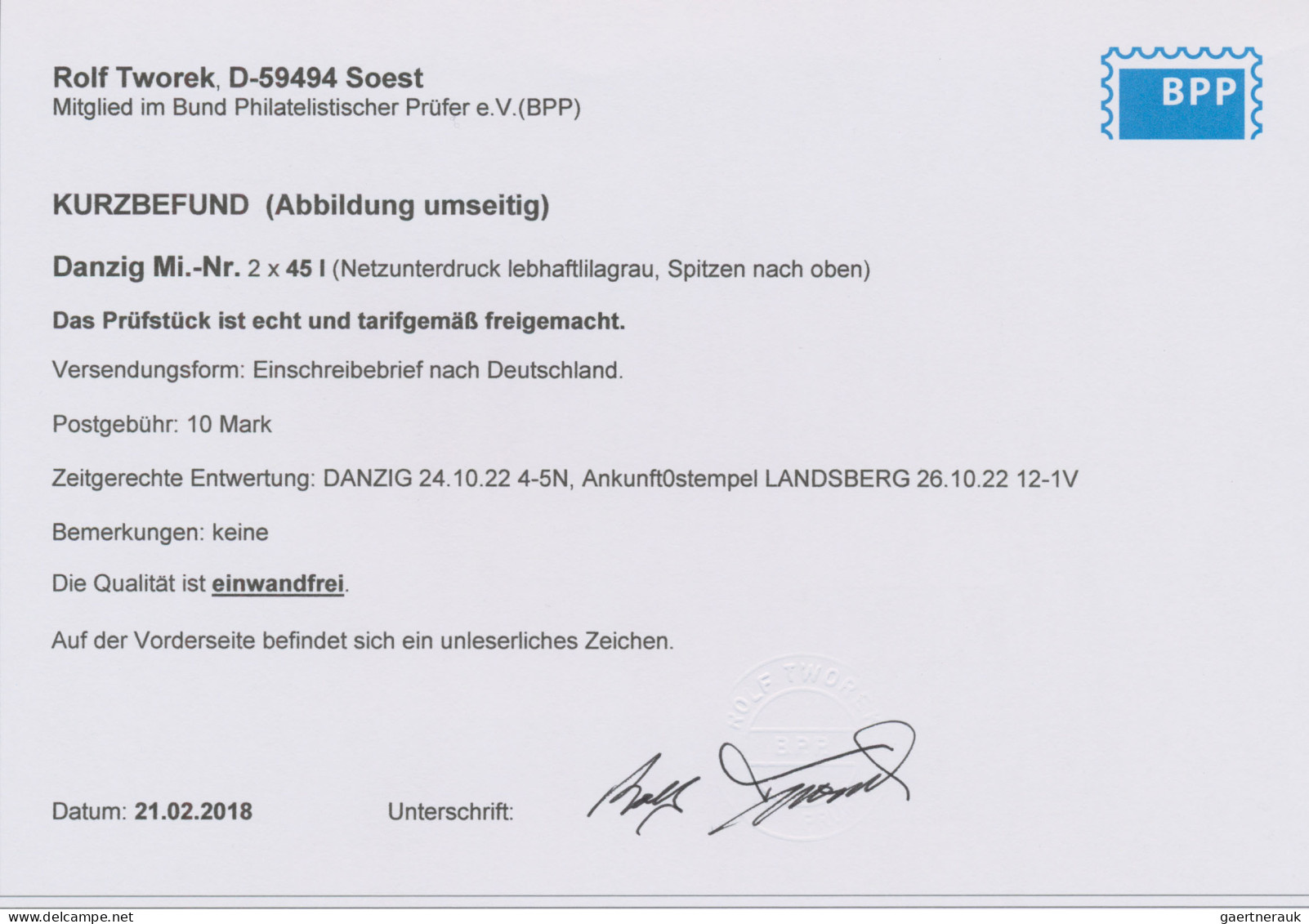 Danzig: 1920, 5 Mark Auf 2 Pfg. Grau Mit Lebhaftlilagrauem Unterdruck, Spitzen N - Sonstige & Ohne Zuordnung