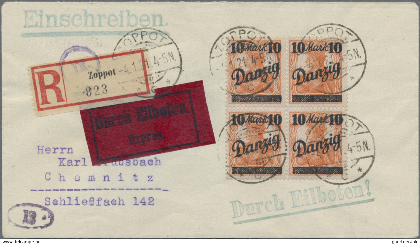 Danzig: 1920, 10 Mark Auf 7½ Pfg. Orange Mit Lebhaftlilagrauem Unterdruck, Spitz - Autres & Non Classés
