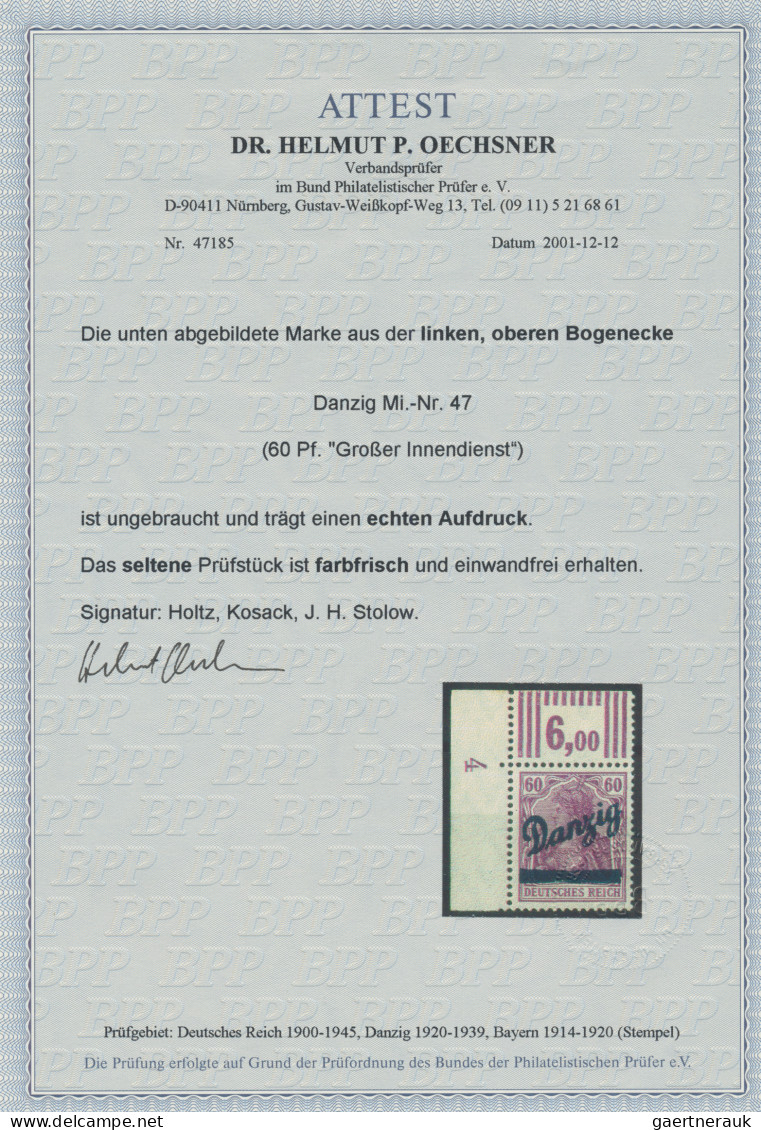 Danzig: 1920, 60 Pf Dkl'graupurpur 'Großer Innendienst', Oberes Linkes Eckrandst - Sonstige & Ohne Zuordnung