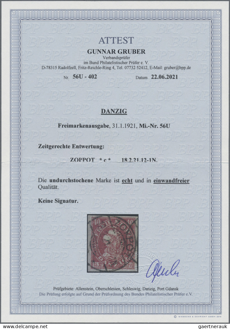 Danzig: 1921, 40 Pf Kogge, UNDURCHSTOCHEN, Zeitgerecht Gestempelt ZOPPOT * C* 18 - Sonstige & Ohne Zuordnung