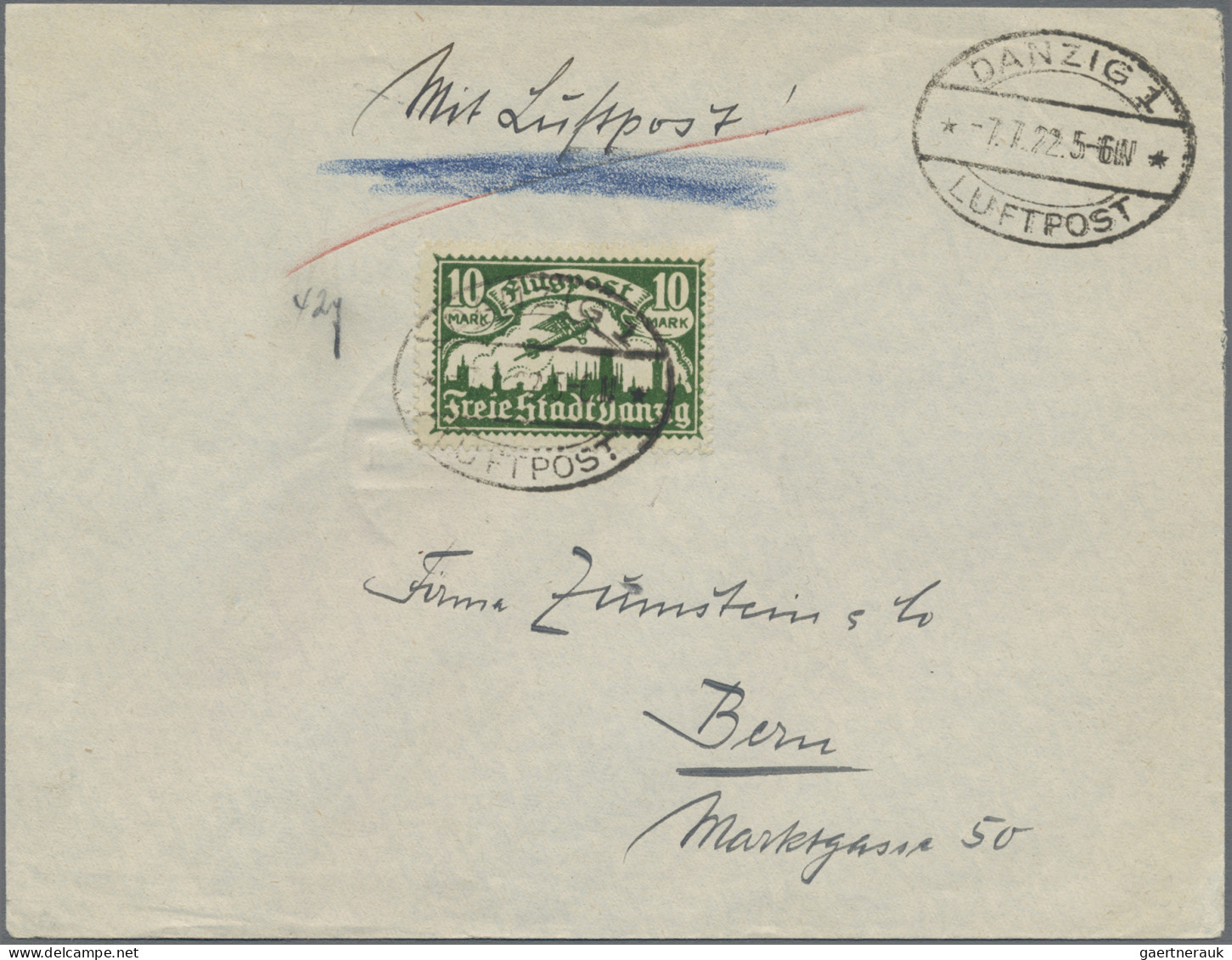 Danzig: 1922, Flugpost 10 Mark Gün Als Einzelfrankatur Auf Luftpostbrief Von "DA - Sonstige & Ohne Zuordnung