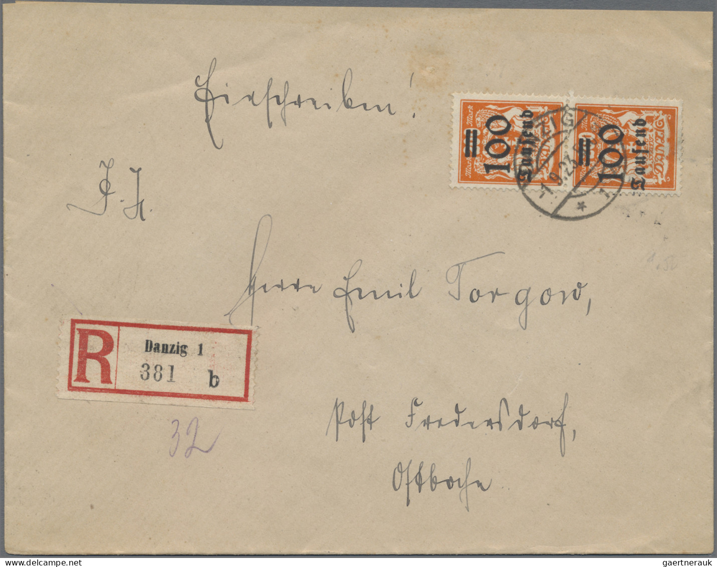 Danzig: 1923, 100 Tsd. Mark Auf 200 Mark Rotorange Im Senkrechten Paar (kl. Spur - Autres & Non Classés