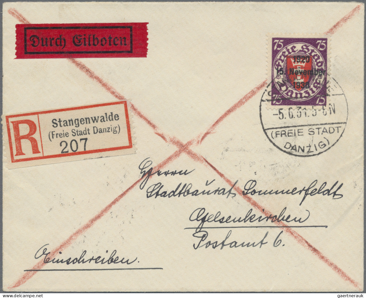Danzig: 1930, Aufdruck 75 Pfg. Violettpurpur/zinnoberrot Als Portogerechte Einze - Autres & Non Classés