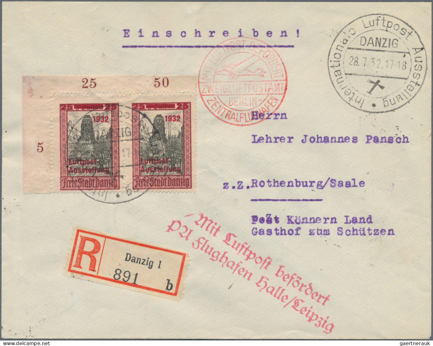 Danzig: 1932, Luposta 25+25 Pfg. Auf 5 Gld. Braunkarmin/schwarz Im Waagerechten - Other & Unclassified