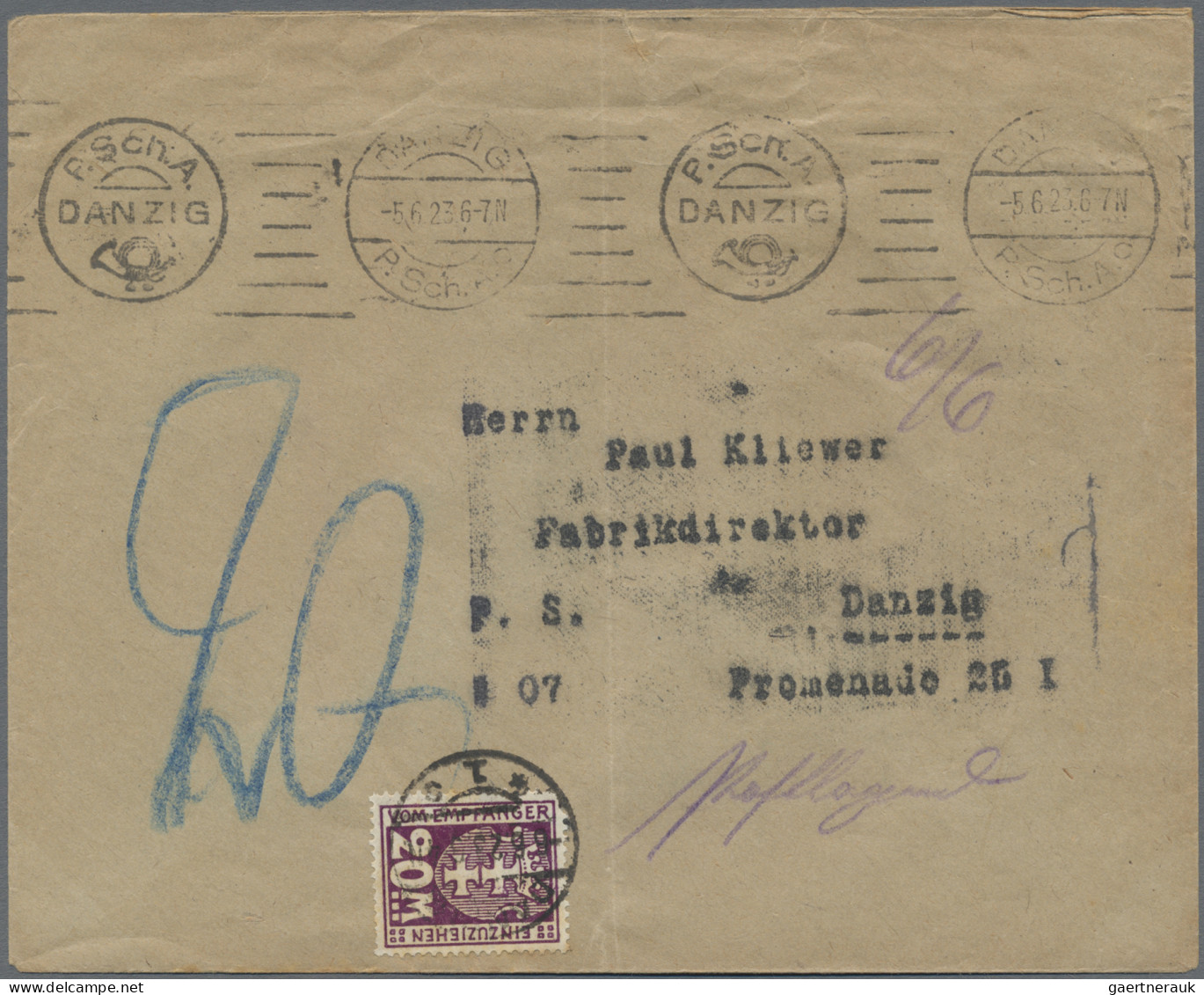 Danzig - Portomarken: 1923, 20 Mark Violettpurpur Gestempelt 6.6.23 Als Postlage - Other & Unclassified