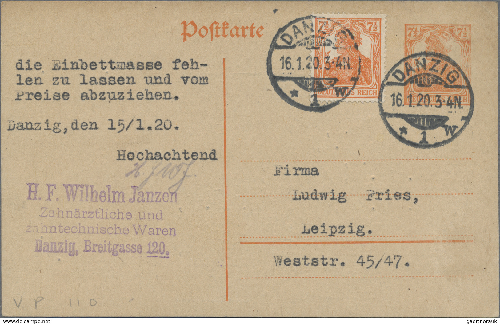 Danzig - Ganzsachen: 1920, Vorläufer Dt.Reich-Ganzsachenkarte 7½ Pfg. Germania M - Other & Unclassified