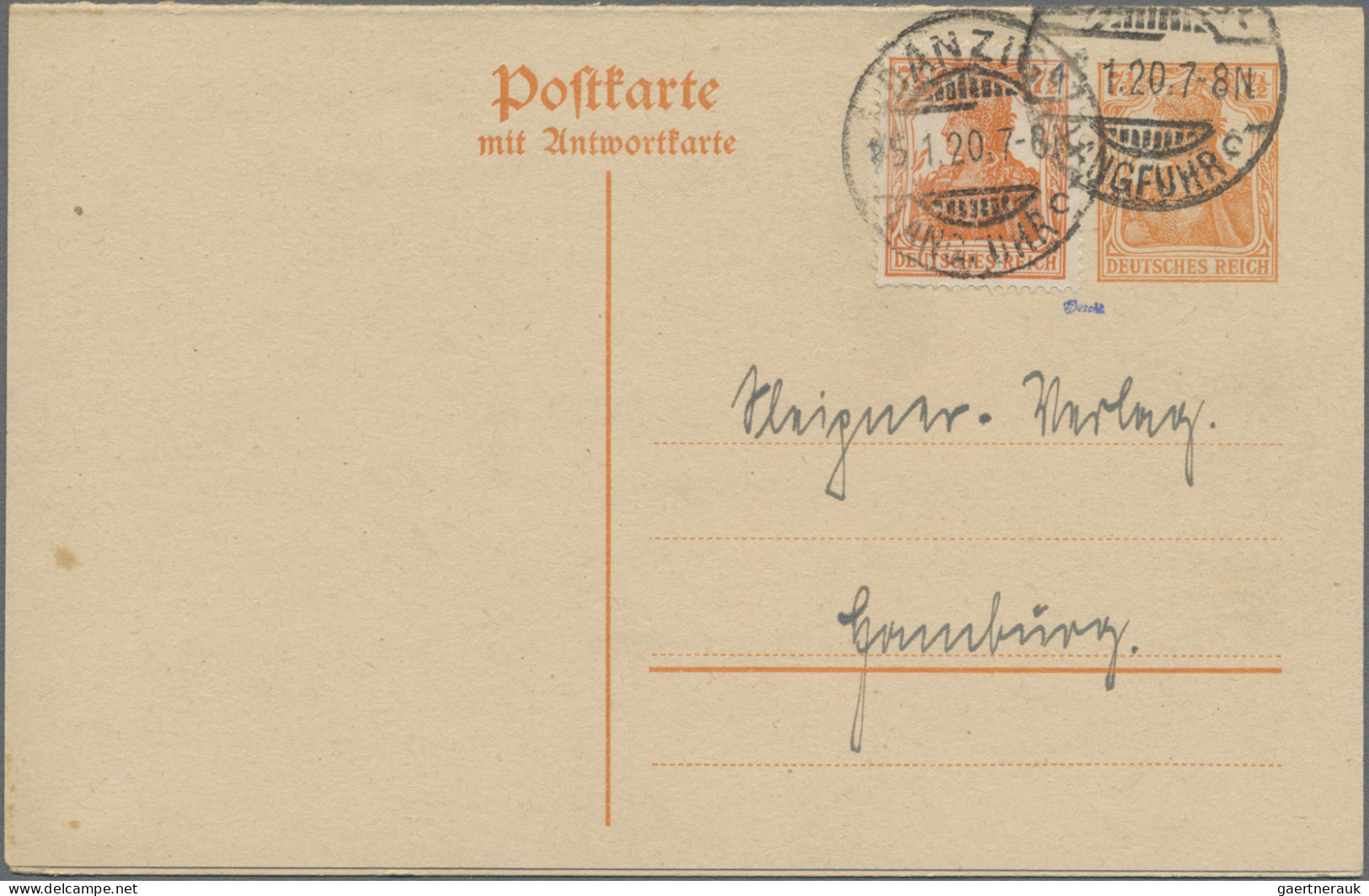 Danzig - Ganzsachen: 1920, Vorläufer, Doppelkarte 7½ Pfg. Germania, Frageteil Mi - Andere & Zonder Classificatie