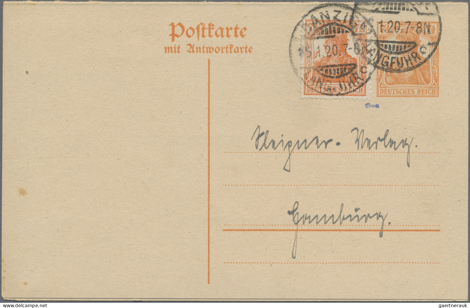 Danzig - Ganzsachen: 1920, Vorläufer, Doppelkarte 7½ Pfg. Germania, Frageteil Mi - Other & Unclassified