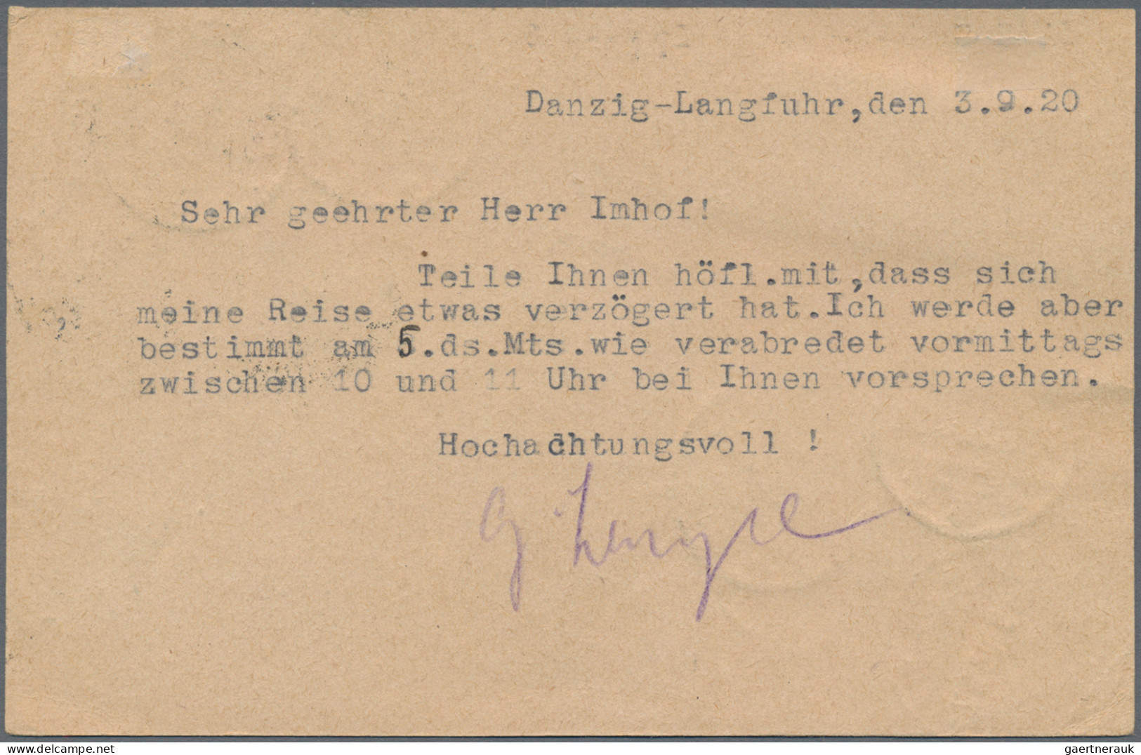 Danzig - Ganzsachen: 1920, Ganzsachenkarte 15 Pfg. Braunlila Mit Zusatzfrankatur - Autres & Non Classés